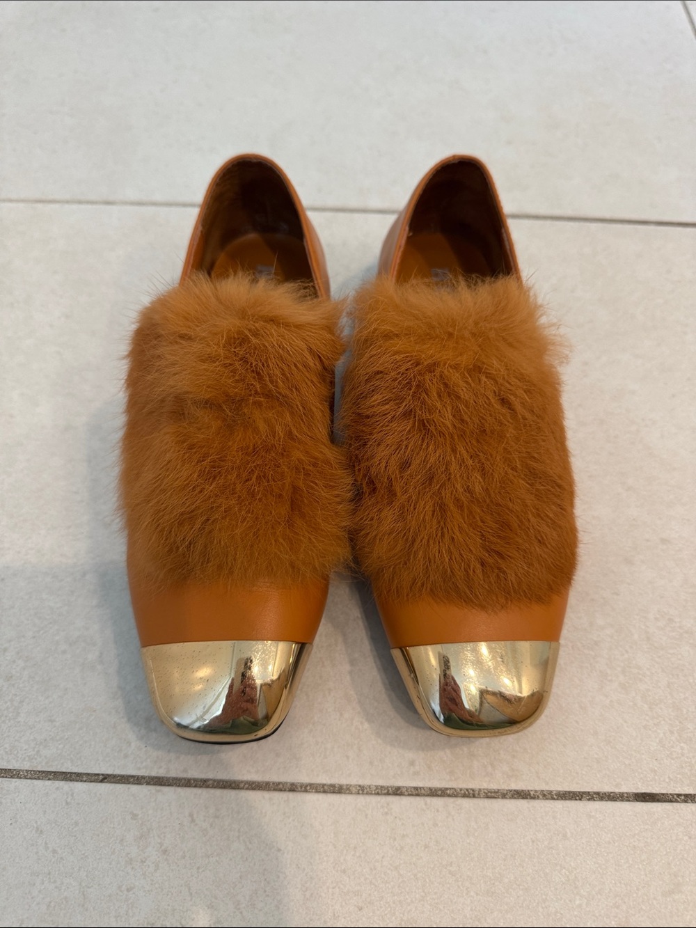 Hermès Cognac Fur-Trim Loafers with Gold Toe Caps